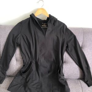 Black hoodie with cinch waist and pockets